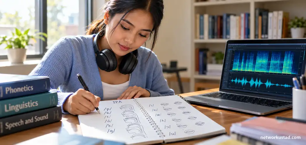 Student Handwriting Ipa Phonetic Transcription Next To A Laptop Showing A Speech Spectrogram