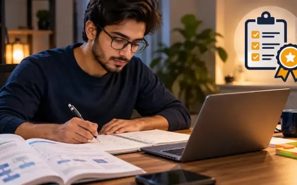 Professional Studying Cisa Exam Prep Materials At A Desk With A Laptop And Notes
