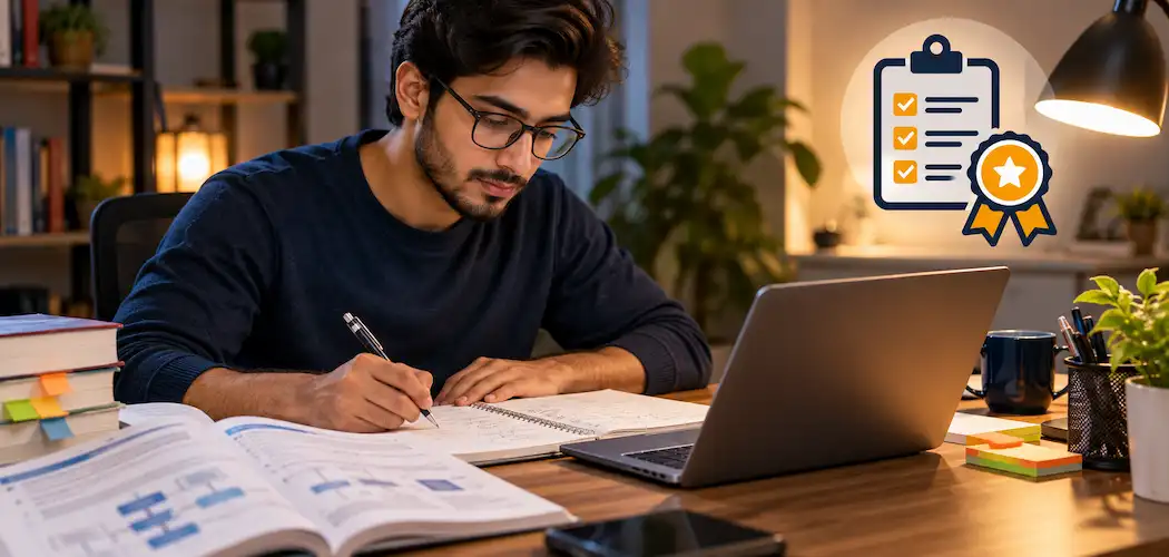 Professional Studying Cisa Exam Prep Materials At A Desk With A Laptop And Notes