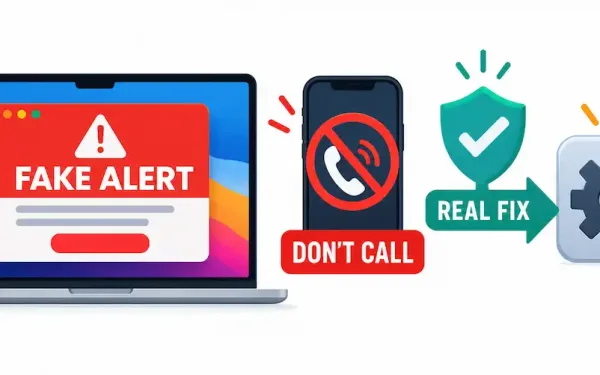 Illustration Of A Mac Screen With A Fake Warning Popup, A Crossed-Out Phone Icon, And A Settings Gear Representing The Real Fix