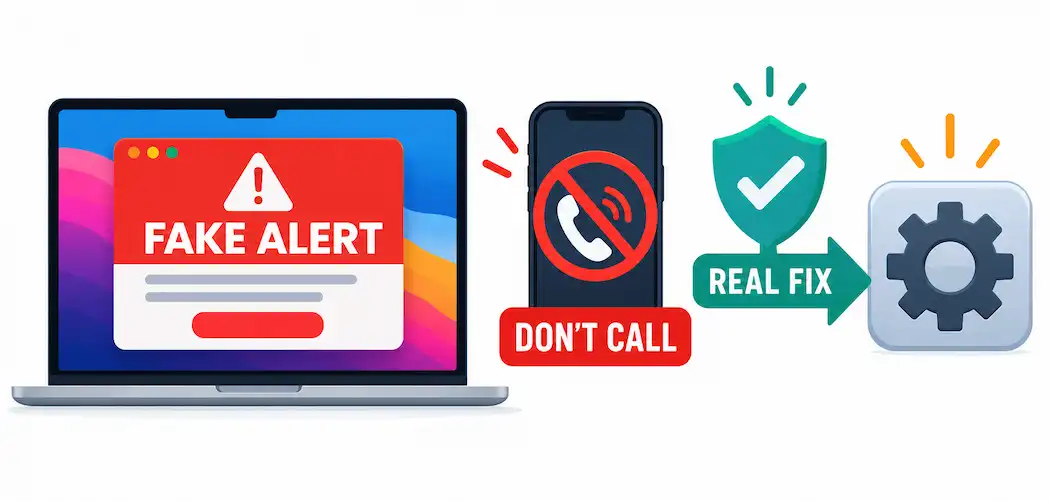 How To Remove The Fake &Quot;Apple Security Alert&Quot; From Your Mac 1 Illustration Of A Mac Screen With A Fake Warning Popup, A Crossed-Out Phone Icon, And A Settings Gear Representing The Real Fix