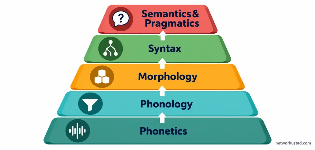The Modules Of Linguistics: A Clear Guide To Phonetics, Phonology, Morphology, And Syntax 2 Infographic Showing Phonetics, Phonology, Morphology, Syntax, And Semantics/Pragmatics As Five Connected Layers