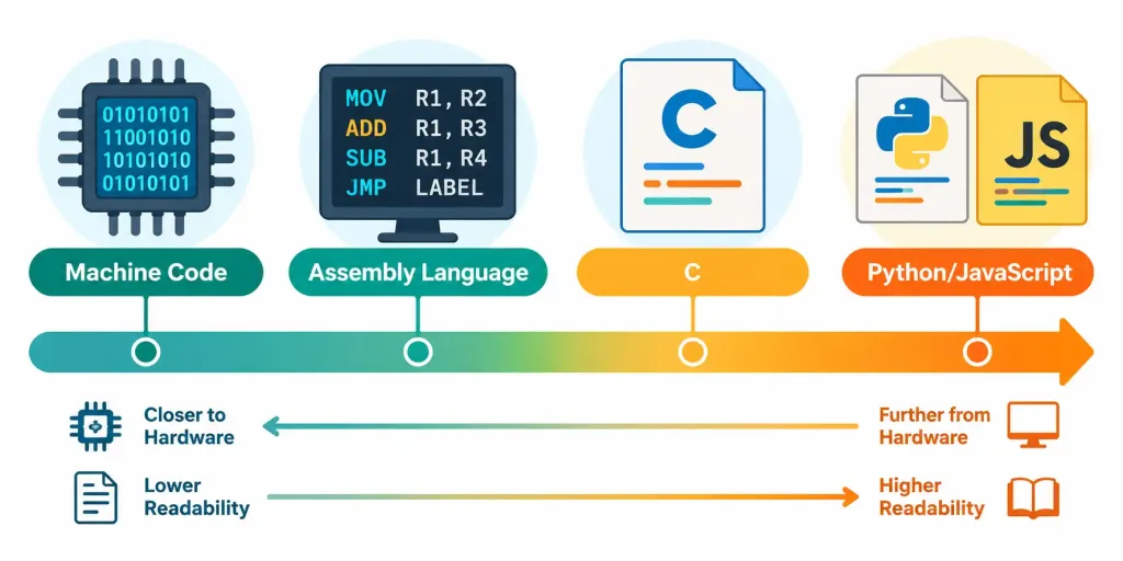 Lesson 4.1: Programming Language Categories 2 Spectrum Diagram Showing Programming Languages Ranging From Machine Code To High-Level Languages Like Python