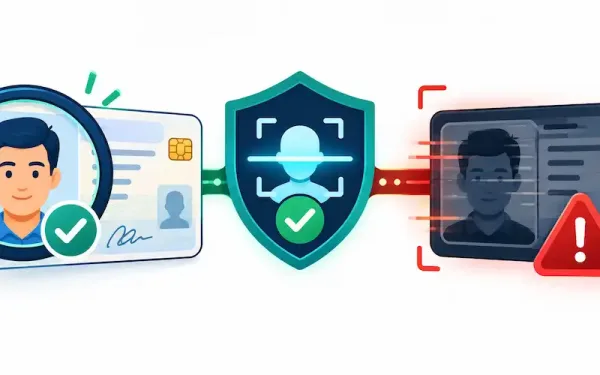 Illustration Contrasting A Verified Real Id With An Ai-Generated Fake Id, Bridged By A Liveness-Detection Shield Icon