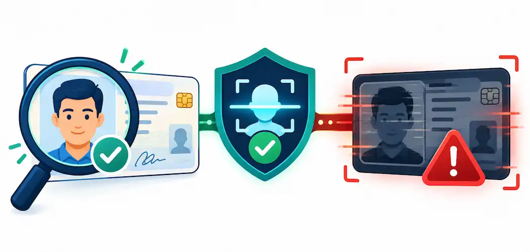 Why Document Verification Still Matters For B2C Trust — And What'S Changed 1 Illustration Contrasting A Verified Real Id With An Ai-Generated Fake Id, Bridged By A Liveness-Detection Shield Icon