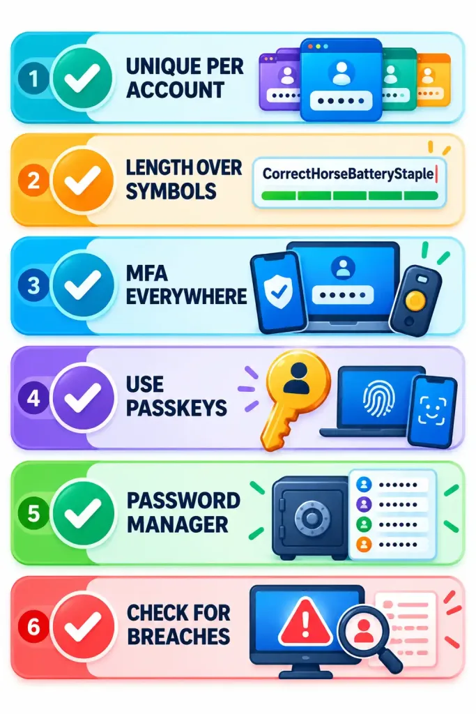 Password Security: What Actually Works In 2026 2 Checklist Infographic Of Six Password Security Practices Including Mfa, Passkeys, And Breach Checking