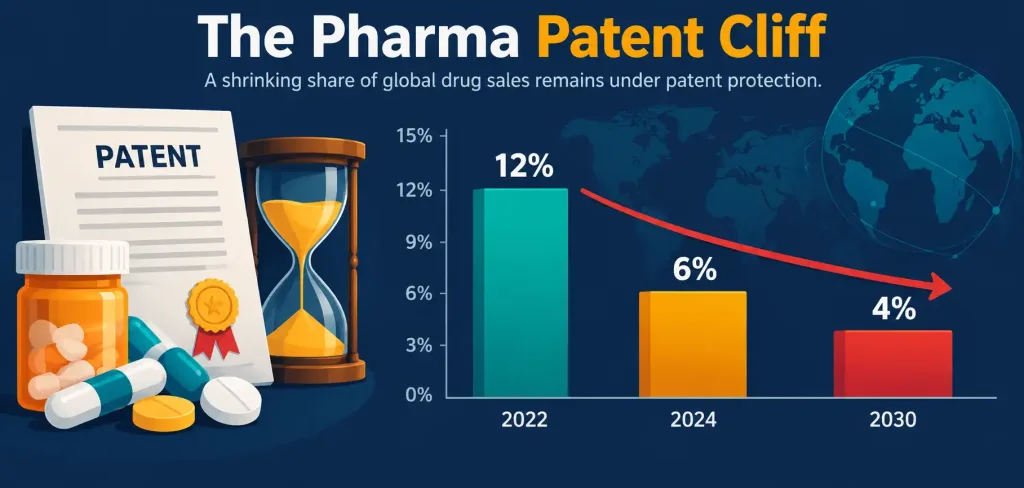 Why The Pharmaceutical Industry Matters More Than Most Businesses Realize 2 Infographic Showing The Declining Share Of Global Drug Sales Protected By Patent From 2022 To 2030