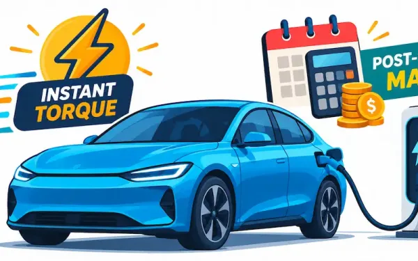 Illustration Of An Electric Car Charging With Icons Representing Instant Torque And Post-Incentive Cost Calculations