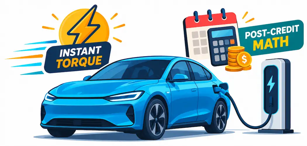 Illustration Of An Electric Car Charging With Icons Representing Instant Torque And Post-Incentive Cost Calculations