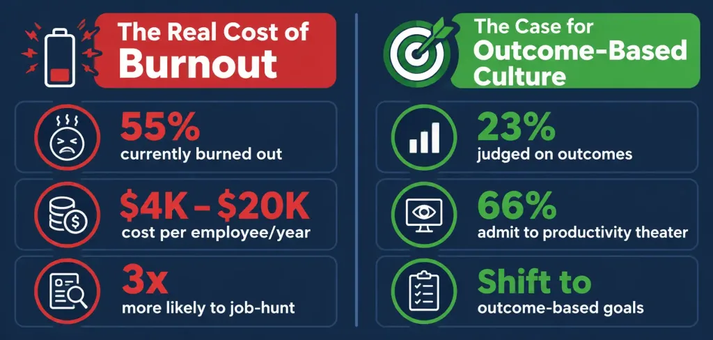 Building An Employee-Centric Work Culture That Actually Holds Up 2 Infographic Comparing Burnout Cost Statistics To Productivity-Theater Survey Findings