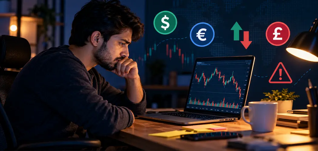 Forex Trading: What It Actually Is, And What The &Quot;Beginner-Friendly&Quot; Pitch Leaves Out 1 Person Studying A Currency Trading Chart With A Cautious Expression