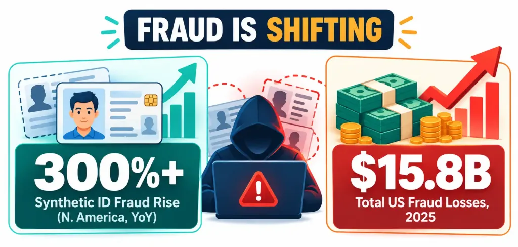 Why Document Verification Still Matters For B2C Trust — And What'S Changed 2 Stat Graphic Showing A 300%+ Rise In Synthetic Identity Document Fraud And $15.8 Billion In Total Us Fraud Losses