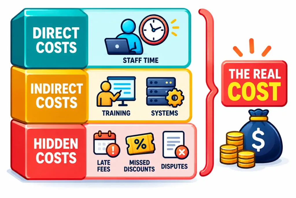 Why Is It Important To Outsource Invoice Processing? 2 Stacked Infographic Showing Direct, Indirect, And Hidden Costs Of Invoice Processing