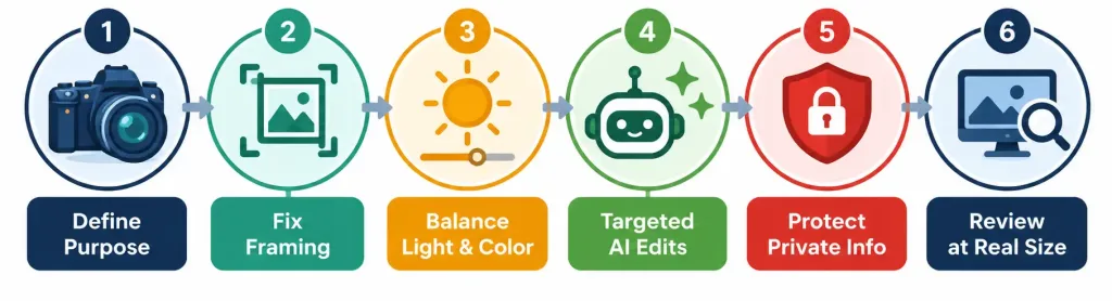 A Reliable Photo Editing Workflow For Technology Tutorials 2 Infographic Showing The Six-Step Workflow For Editing Technology Tutorial Photos, From Defining Purpose To Reviewing The Final Export