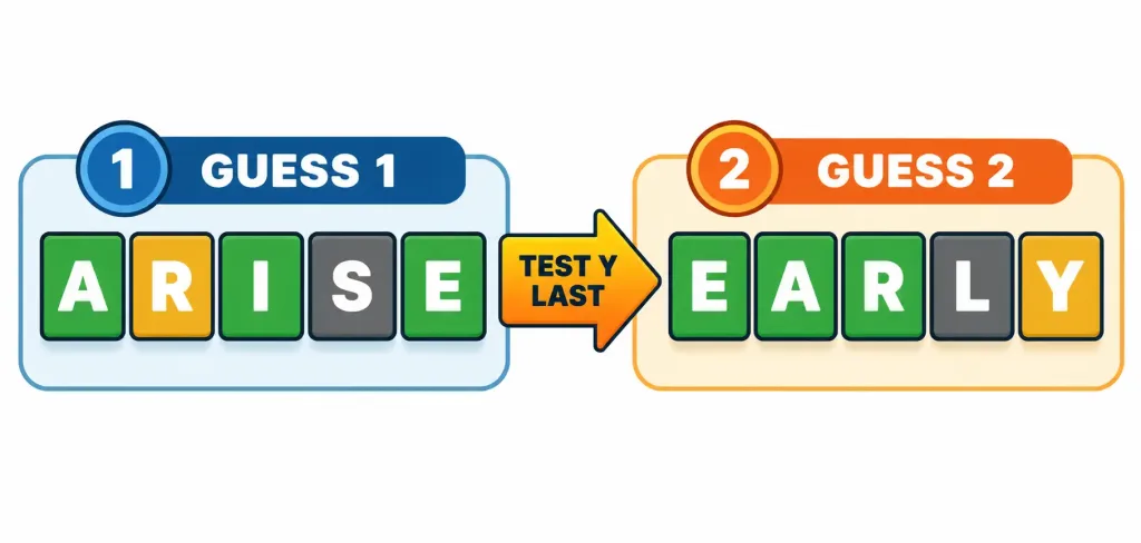 Why Y Counts As A Vowel In Wordle (And How To Use That) 2 Two-Step Graphic Showing An Opening Guess Followed By A Second Guess Testing Y In The Final Position