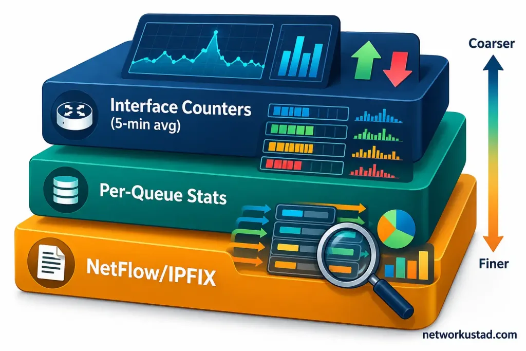 Network Output Performance: Why Throughput Alone Doesn'T Tell The Story 2 Diagram Showing Interface Counters, Per-Queue Statistics, And Netflow/Ipfix As Layered Network Output Measurement Tools