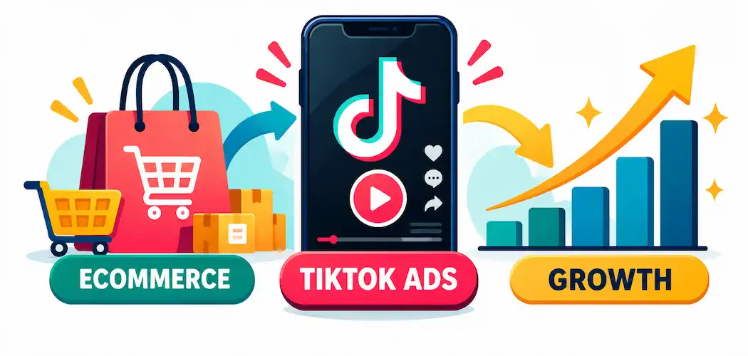 Tiktok Ads For Ecommerce: What Actually Works And What To Watch For 1 Illustration Of A Smartphone Showing A Video Ad Flanked By A Shopping Bag And A Growth Chart Icon