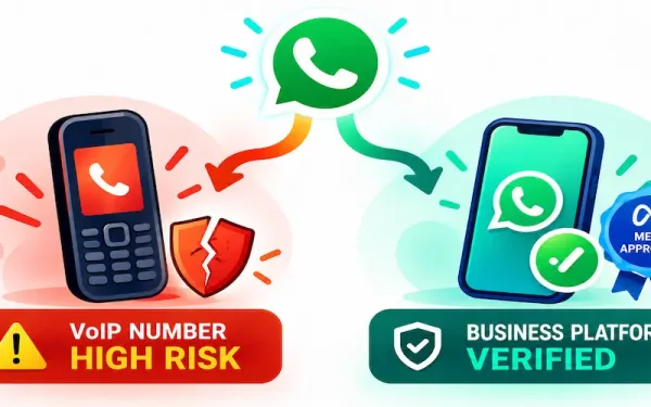 Illustration Contrasting A Risky Voip Number Route Against The Official Meta-Approved Whatsapp Business Platform Route