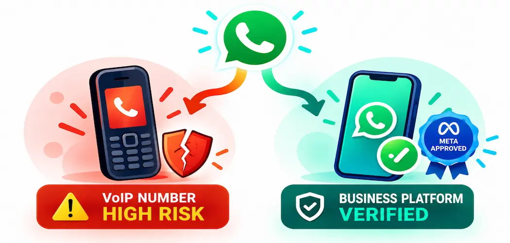 Benefits Of Using A Virtual Number For Your Business Whatsapp — And The Right Way To Set One Up 1 Illustration Contrasting A Risky Voip Number Route Against The Official Meta-Approved Whatsapp Business Platform Route