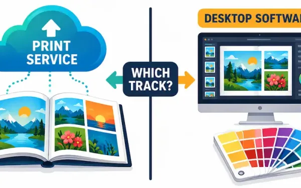 Split Illustration Comparing Online Print Services On The Left With Desktop Printing Software On The Right