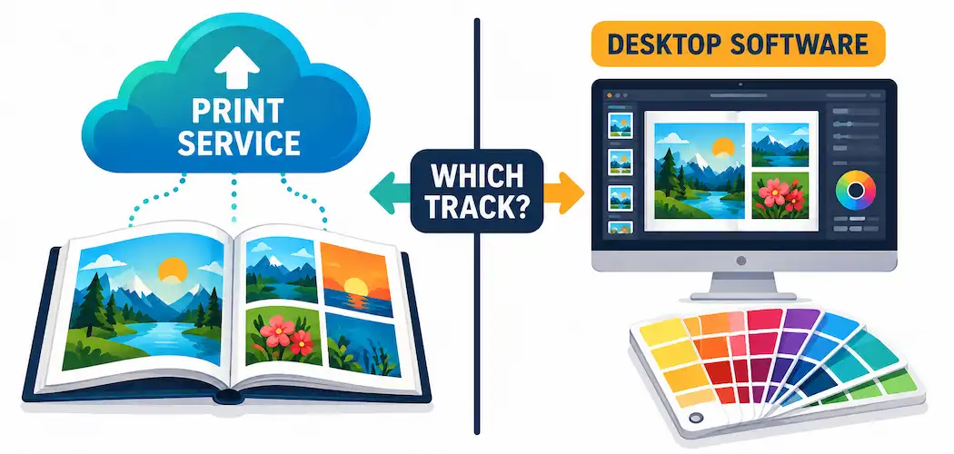 Split Illustration Comparing Online Print Services On The Left With Desktop Printing Software On The Right