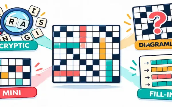 Illustration Of A Crossword Grid Surrounded By Icons Representing Cryptic, Diagramless, Mini, And Fill-In Puzzle Types