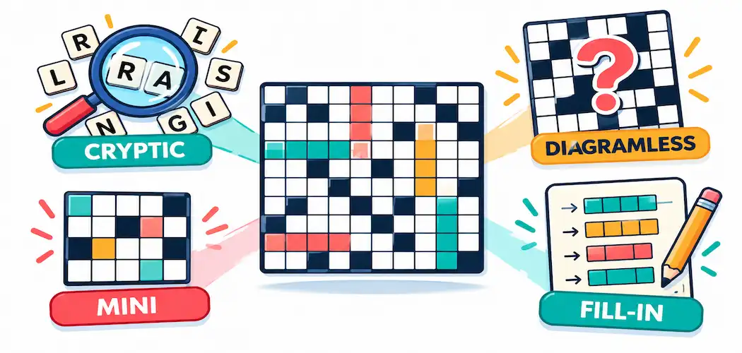 Exploring The Different Types Of Crossword Puzzles 1 Illustration Of A Crossword Grid Surrounded By Icons Representing Cryptic, Diagramless, Mini, And Fill-In Puzzle Types