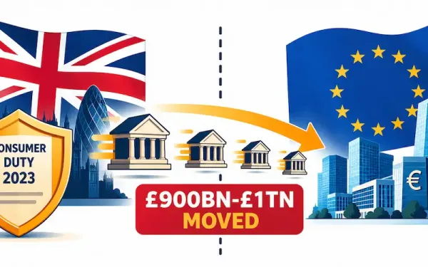 Illustration Showing Financial Assets Moving From The Uk To The Eu Post-Brexit, Alongside The 2023 Consumer Duty Reform Shield Icon
