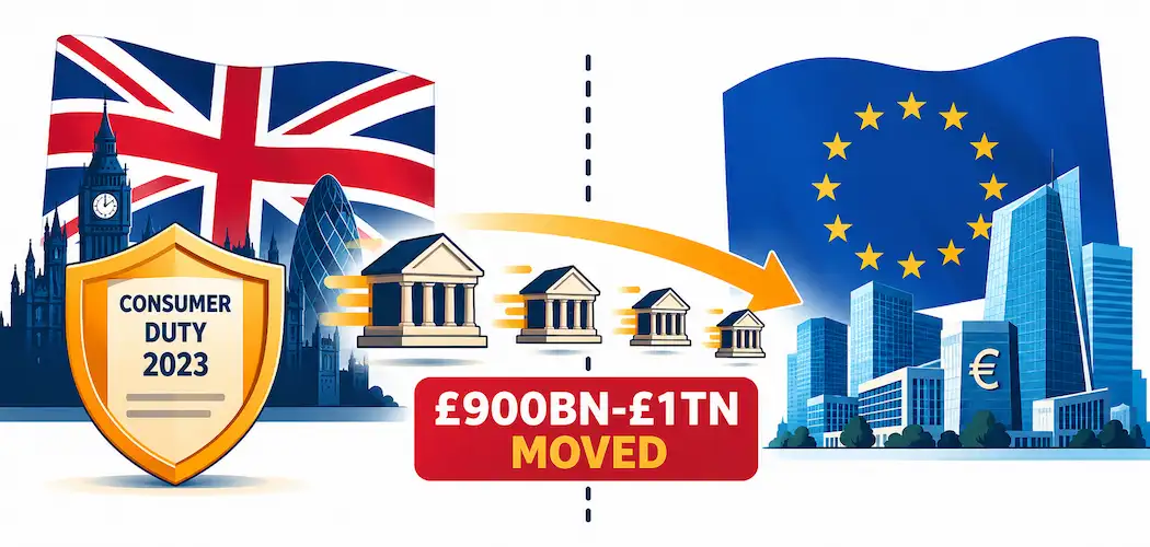 Illustration Showing Financial Assets Moving From The Uk To The Eu Post-Brexit, Alongside The 2023 Consumer Duty Reform Shield Icon