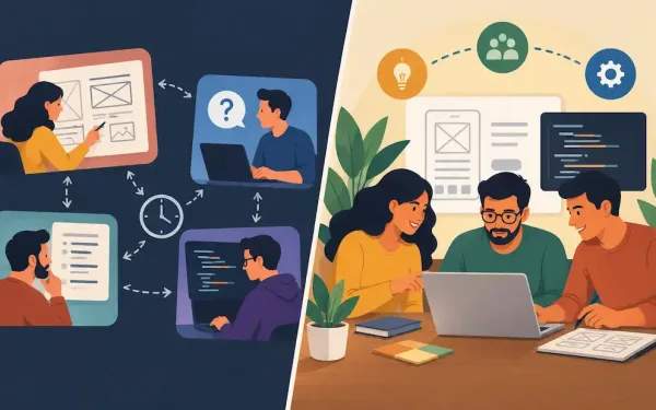 Illustration Comparing A Fragmented Ux Agency And Separate Developer Workflow With An Integrated Product Design And Engineering Team