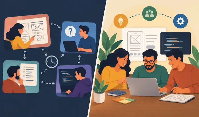 Ux Agency Vs Product Design Company: Does Location Matter For Your Developer? 2 Illustration Comparing A Fragmented Ux Agency And Separate Developer Workflow With An Integrated Product Design And Engineering Team