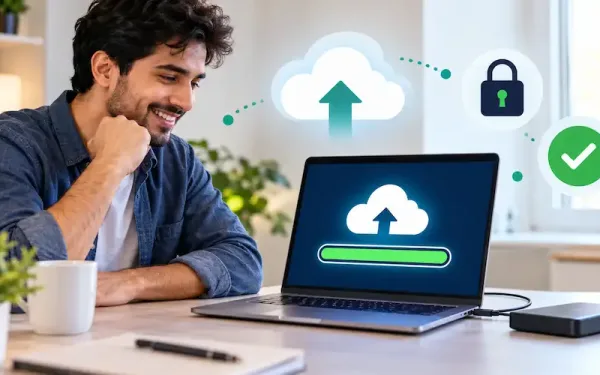 Person Watching A Cloud Backup Complete On A Laptop At A Home Office Desk