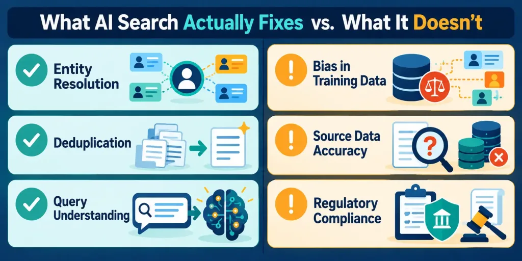 How Ai Is Actually Changing People-Search And Online Search — The Honest Picture 2 Two-Column Infographic Comparing Ai Search'S Real Strengths Against Its Limitations