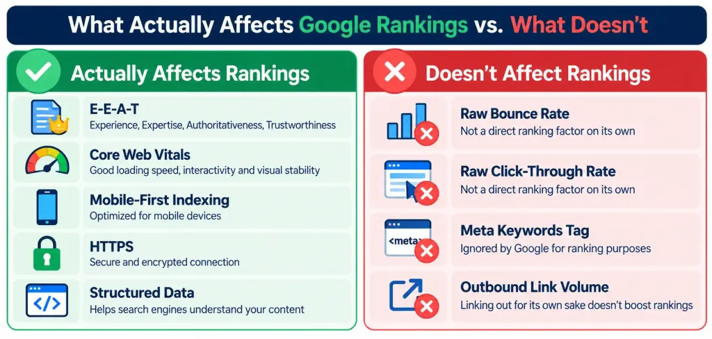 How To Rank Higher On Google: Seo Tips 2 Two-Column Flat Vector Infographic Contrasting Confirmed Google Ranking Factors With Commonly Misattributed Ones