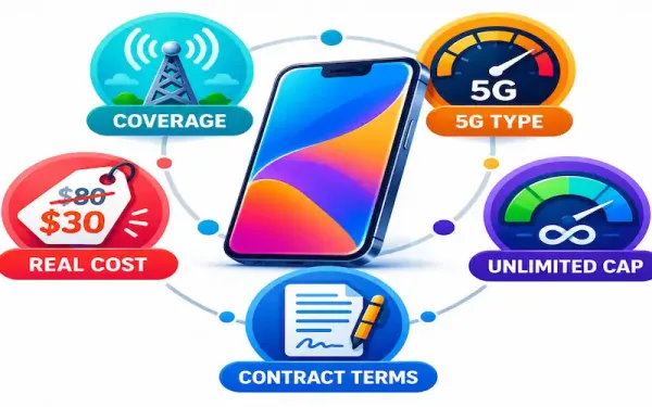 Illustration Of A Smartphone Surrounded By Labeled Icons For Coverage, 5G Type, Real Cost, Data Caps, And Contract Terms