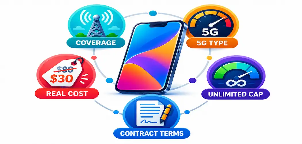 What To Actually Look For In A Phone Plan 1 Illustration Of A Smartphone Surrounded By Labeled Icons For Coverage, 5G Type, Real Cost, Data Caps, And Contract Terms