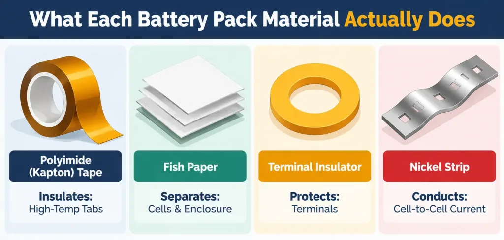 Lithium Battery Tape: A Complete Guide To Types, Selection, And Safe Shipping 2 Infographic Comparing The Roles Of Kapton Tape, Fish Paper, Terminal Insulators, And Nickel Strip In Lithium Battery Packs