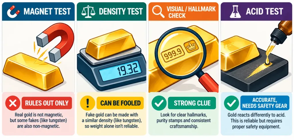 How To Know If Gold Is Real: A Practical Guide 2 Four-Panel Graphic Comparing The Magnet, Density, Visual/Hallmark, And Acid Tests For Gold Authentication