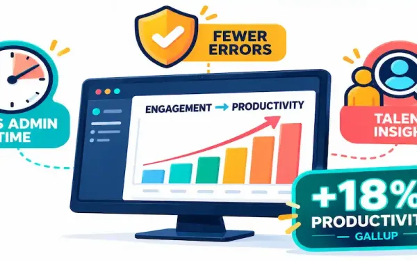 Illustration Of An Hr Software Dashboard With Labeled Benefit Icons For Admin Time, Error Reduction, And Talent Insight