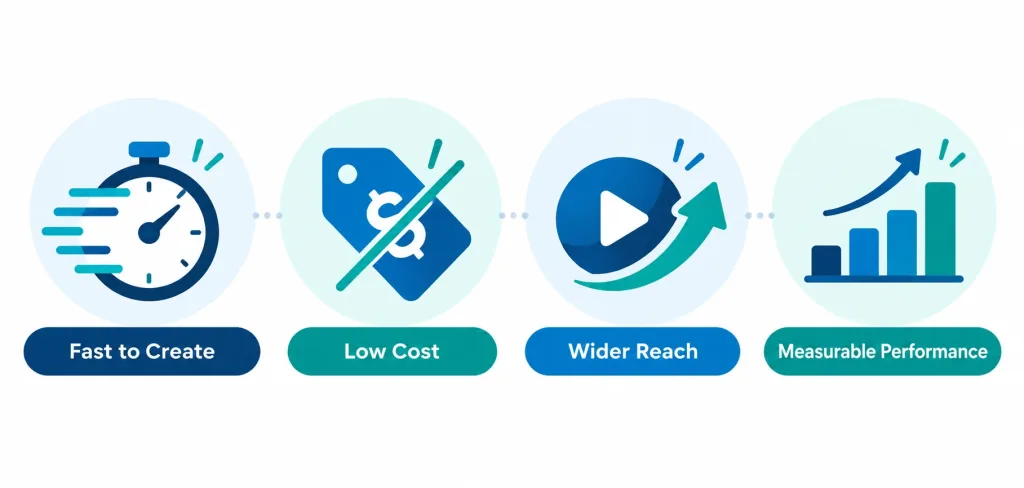 What A Slideshow Actually Does For A Small Business'S Marketing (Beyond &Quot;It Looks Nice&Quot;) 2 Infographic Showing Four Benefits Of Slideshow Marketing For Small Businesses — Speed, Low Cost, Distribution Reach, And Measurable Performance