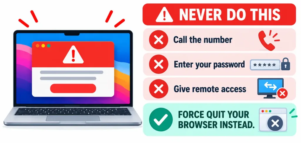 How To Remove The Fake &Quot;Apple Security Alert&Quot; From Your Mac 2 Checklist Graphic Showing Three Things Never To Do With A Fake Security Alert, With Force-Quitting The Browser As The Correct Action