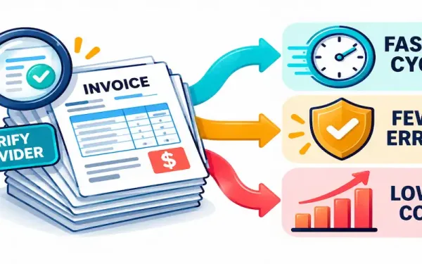 Illustration Of An Invoice Stack Flowing Into Icons For Faster Payment Cycles, Fewer Errors, And Lower Cost