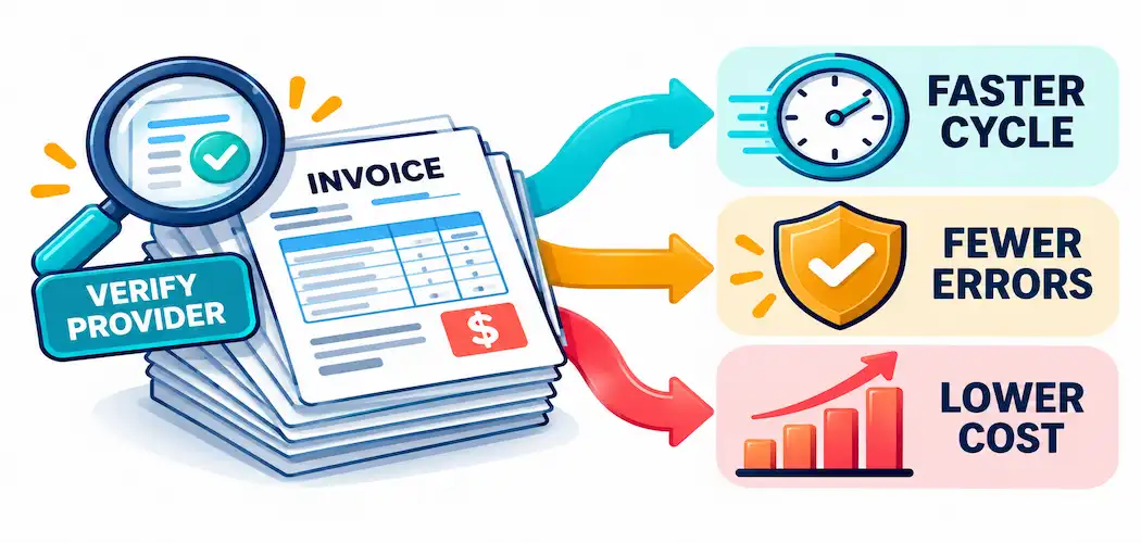Why Is It Important To Outsource Invoice Processing? 1 Illustration Of An Invoice Stack Flowing Into Icons For Faster Payment Cycles, Fewer Errors, And Lower Cost