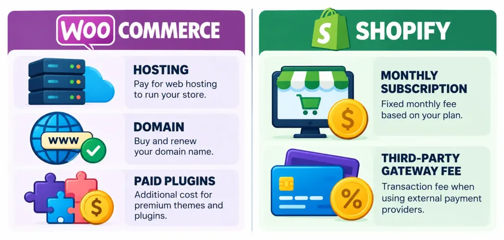 Woocommerce To Shopify: An Honest Look At Whether You Should Migrate 2 Cost Breakdown Graphic Comparing Woocommerce'S Hosting And Plugin Costs With Shopify'S Subscription And Transaction Fee