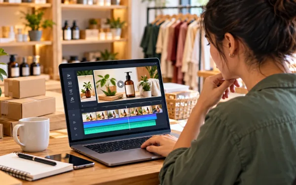 Small Business Owner Reviewing A Product Photo Slideshow On A Laptop Screen