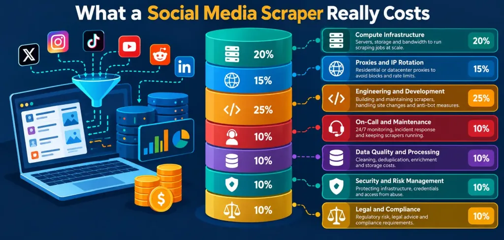 Build Vs Buy? The Network, Security And Legal Considerations Of Social Media Data Collection 2 Infographic Breaking Down The Seven Real Cost Categories Of Building A Scraper