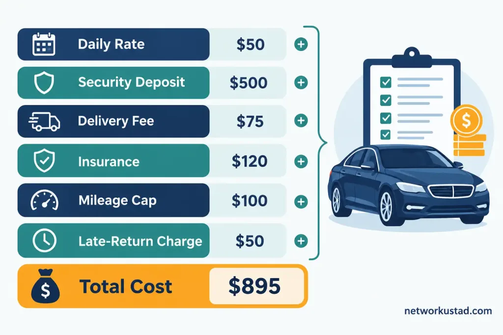 Car Rental Tips: What To Know Before Renting A Mercedes In Dubai 2 Checklist Graphic Showing The Cost Components To Compare Before Renting A Mercedes In Dubai