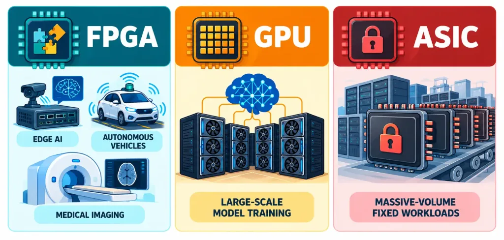 Artificial Intelligence And Fpgas: A Grounded Look At Where They Actually Fit 2 Three-Column Graphic Showing Fpga, Gpu, And Asic Use Cases For Ai Workloads