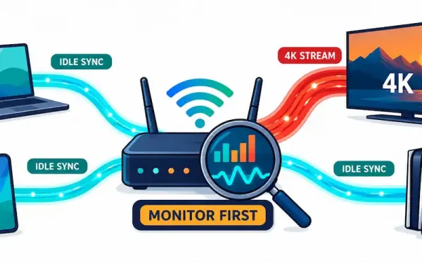 Illustration Of A Router Distributing Bandwidth To Multiple Devices, With A Magnifying Glass Highlighting The Need To Monitor Traffic First