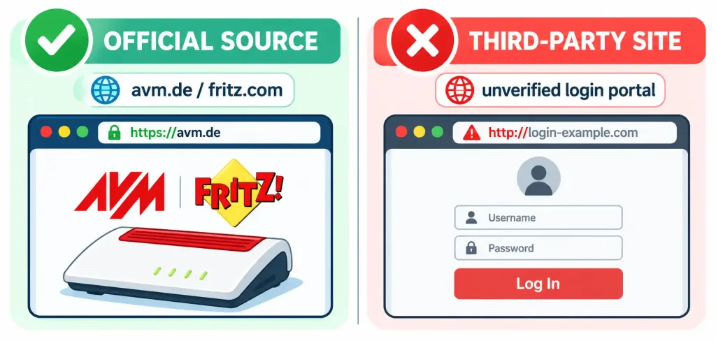 Setting Up A Fritz!Repeater: A Safe, Accurate Guide 2 Comparison Graphic Showing Avm'S Official Site As Safe Versus An Unverified Third-Party Site As Risky